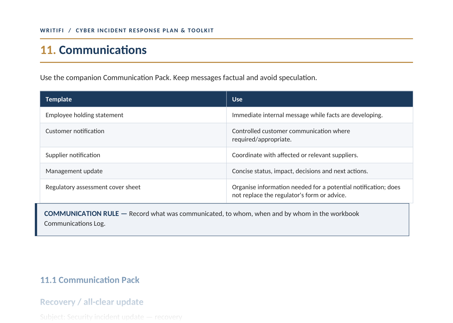 The Communication Pack templates page