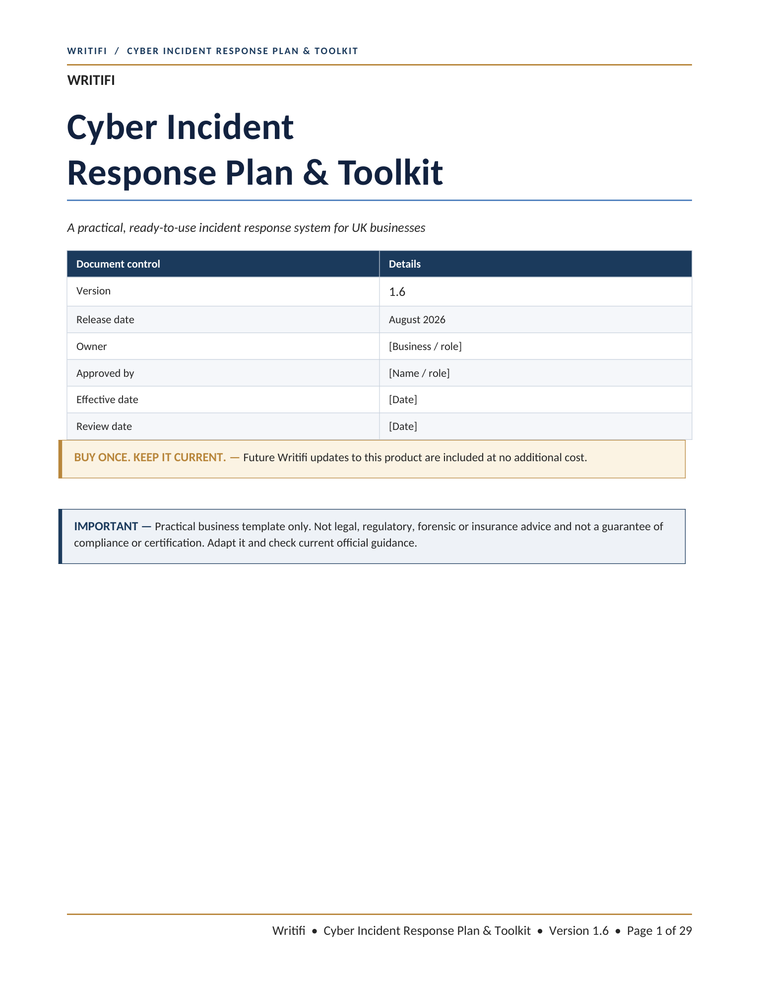 Cover page of the Cyber Incident Response Plan & Toolkit