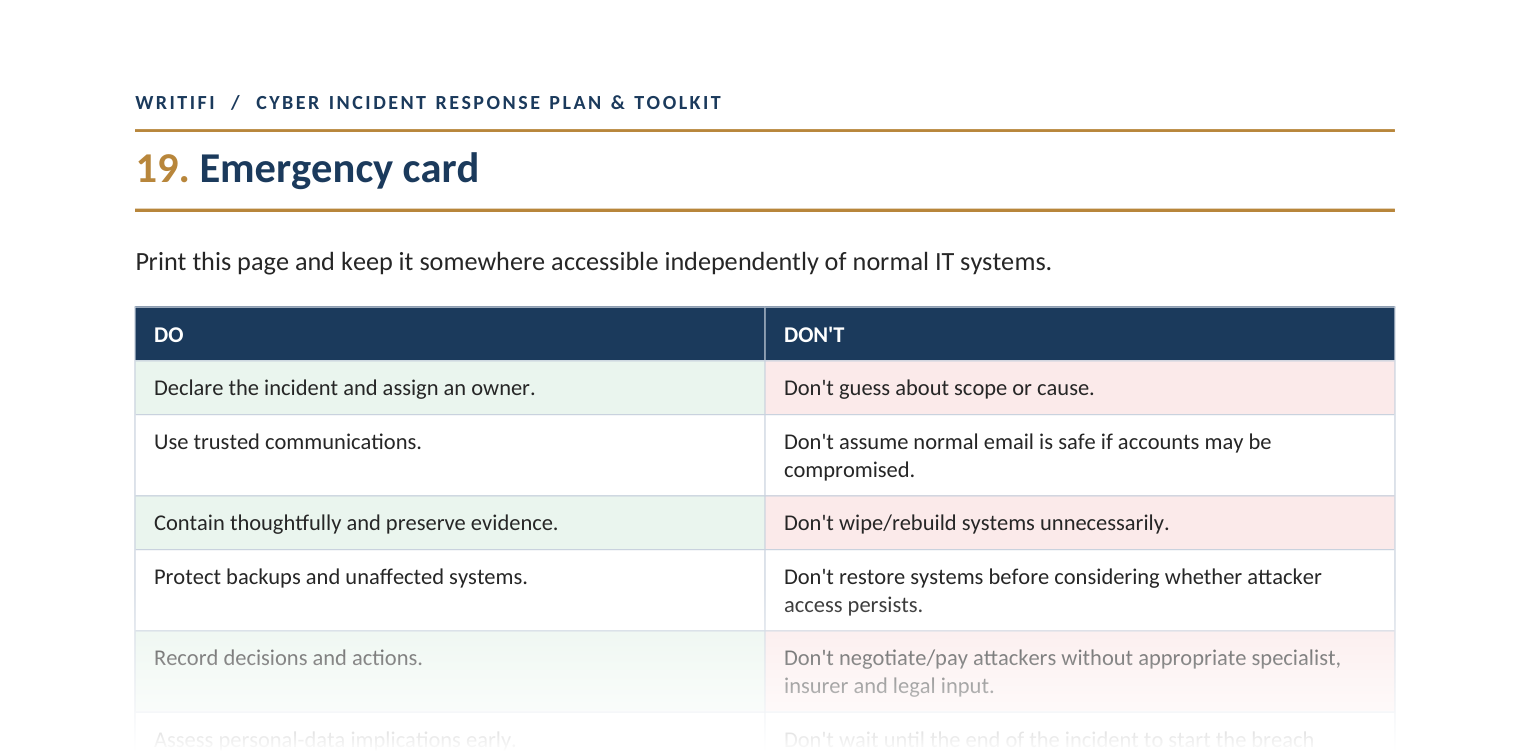 The printable Emergency Card page