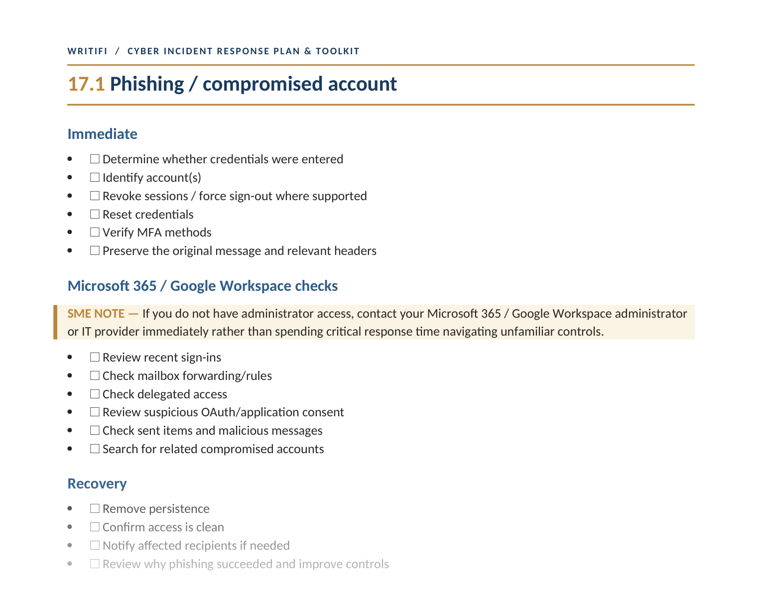 The phishing and compromised account playbook page