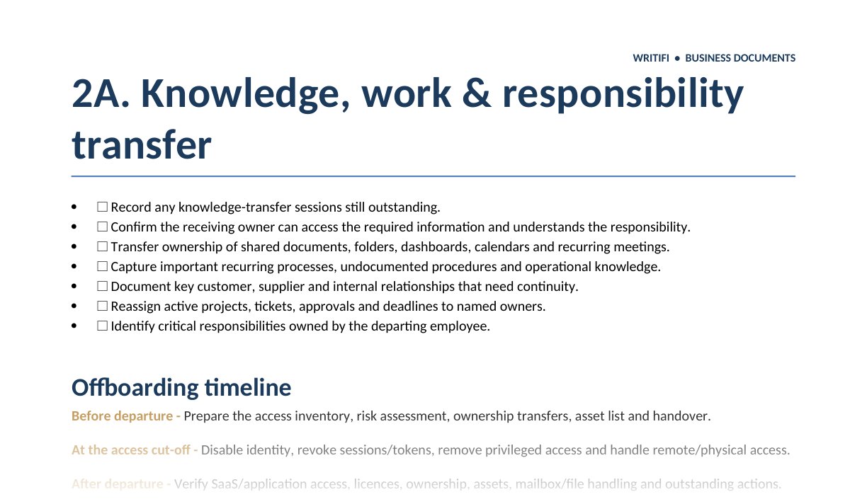 The knowledge transfer section and offboarding timeline